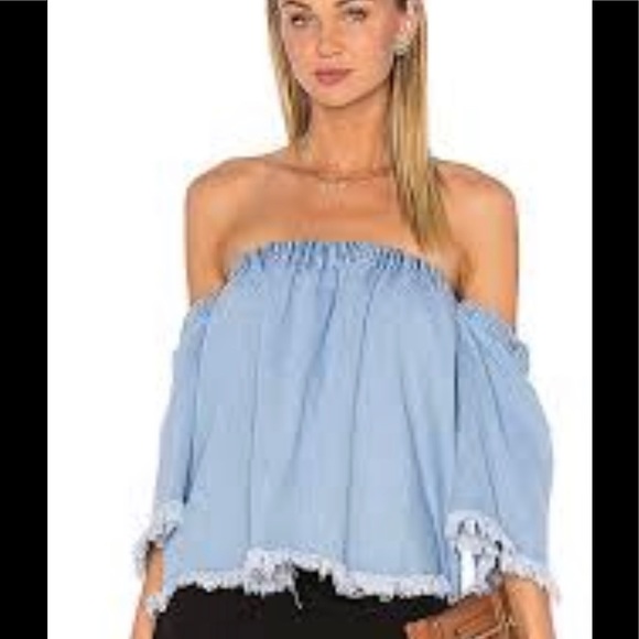 Revolve J.O.A. Denim off shoulder 3/4 sleeve top - Picture 1 of 8